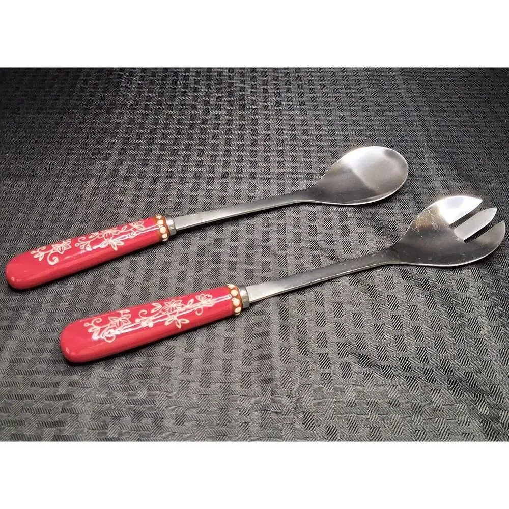 Temp-tations Ceramic Floral Lace Red Salad Serving Utensil Set Fork Spoon